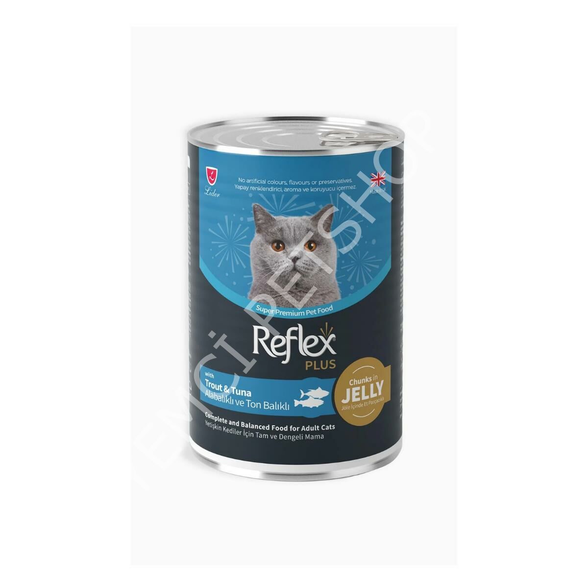 Reflex Plus Jöle içinde Et Parçacıklı Alabalıklı Ve Ton Balıklı Yetişkin Kedi Maması 400 gr