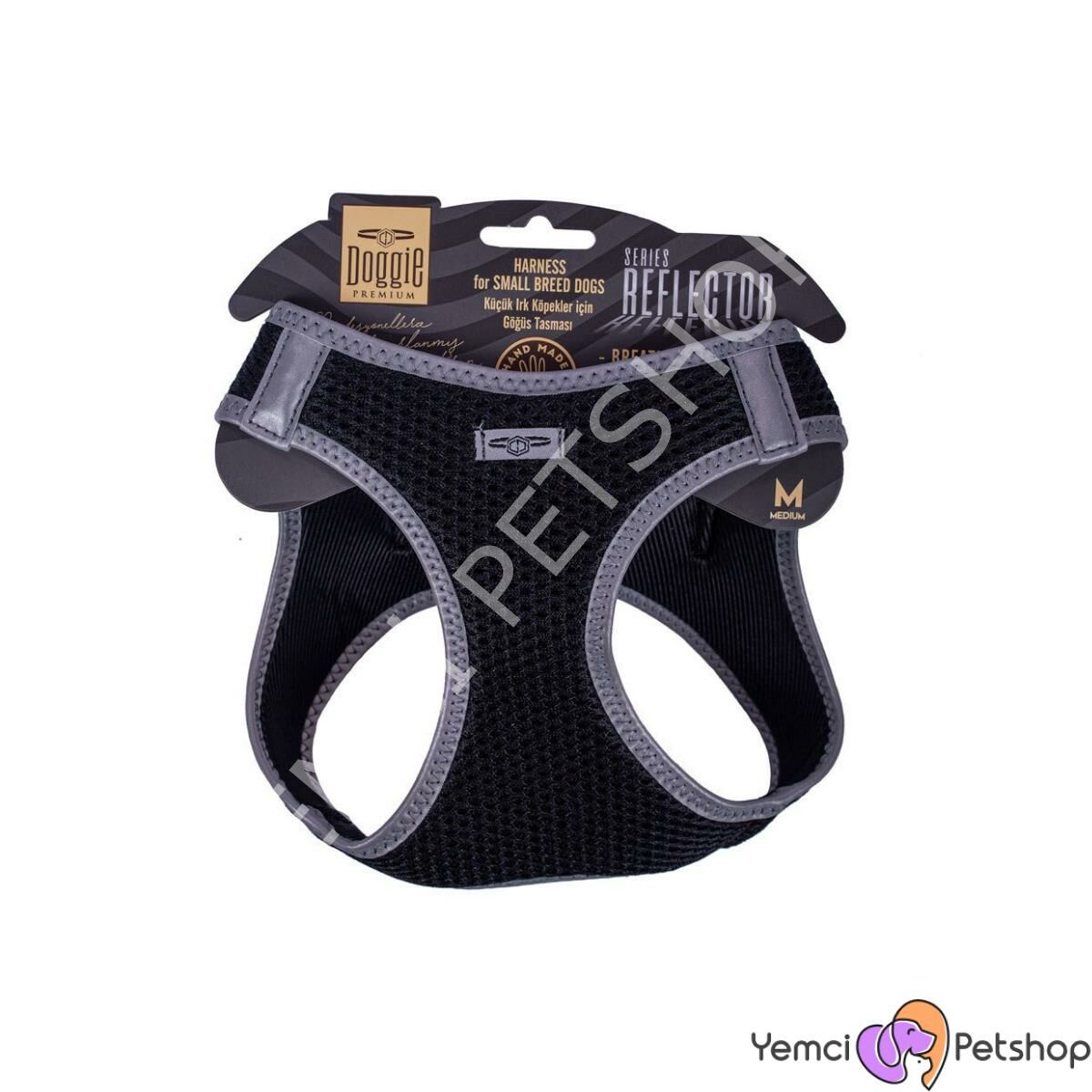 DOGGİE HAVALI DOKUMA REFLEKTÖR SERİSİ KÜÇÜK IRK GÖĞÜS TASMASI SİYAH M-38-44CM