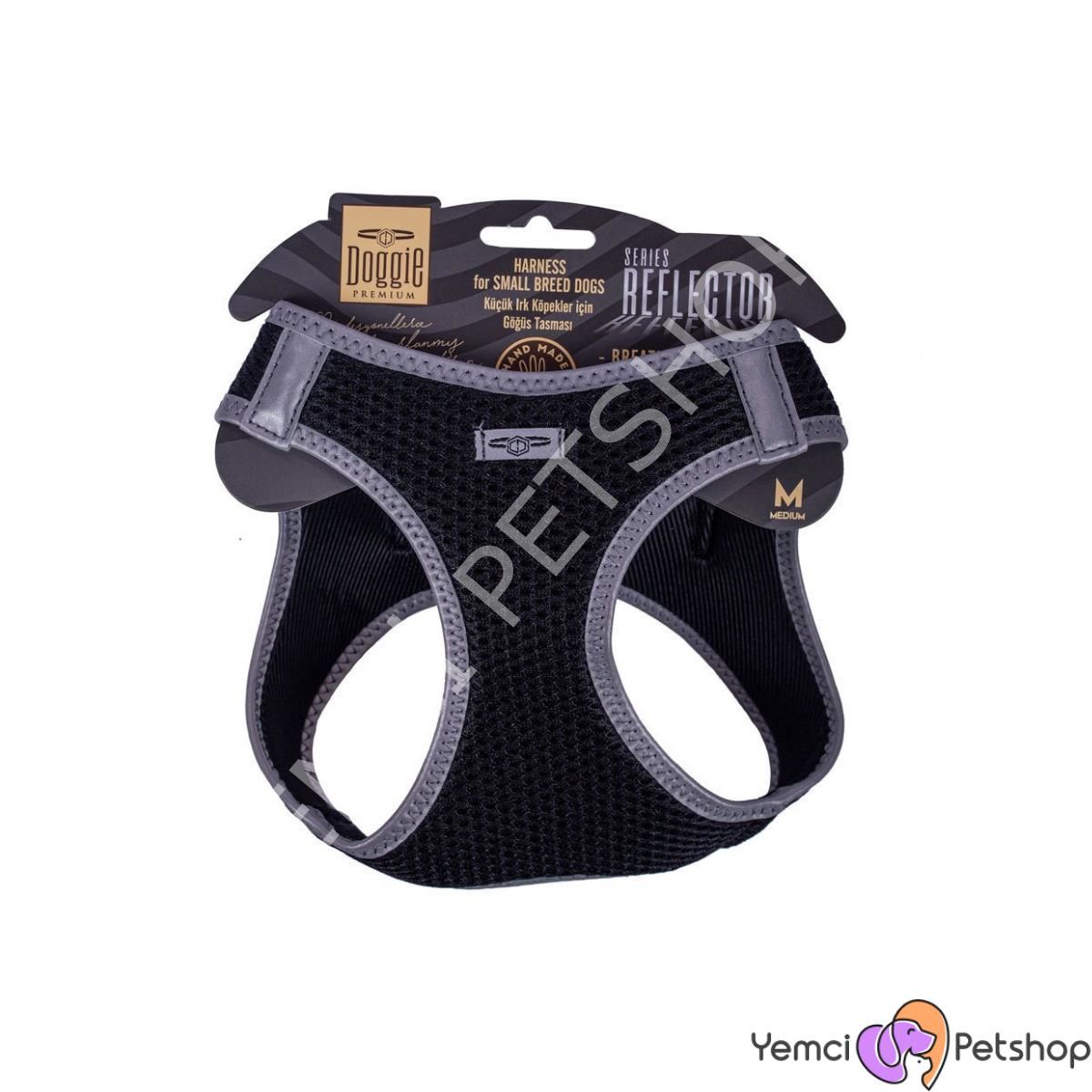 DOGGİE HAVALI DOKUMA REFLEKTÖR SERİSİ KÜÇÜK IRK GÖĞÜS TASMASI SİYAH XS-30-34CM