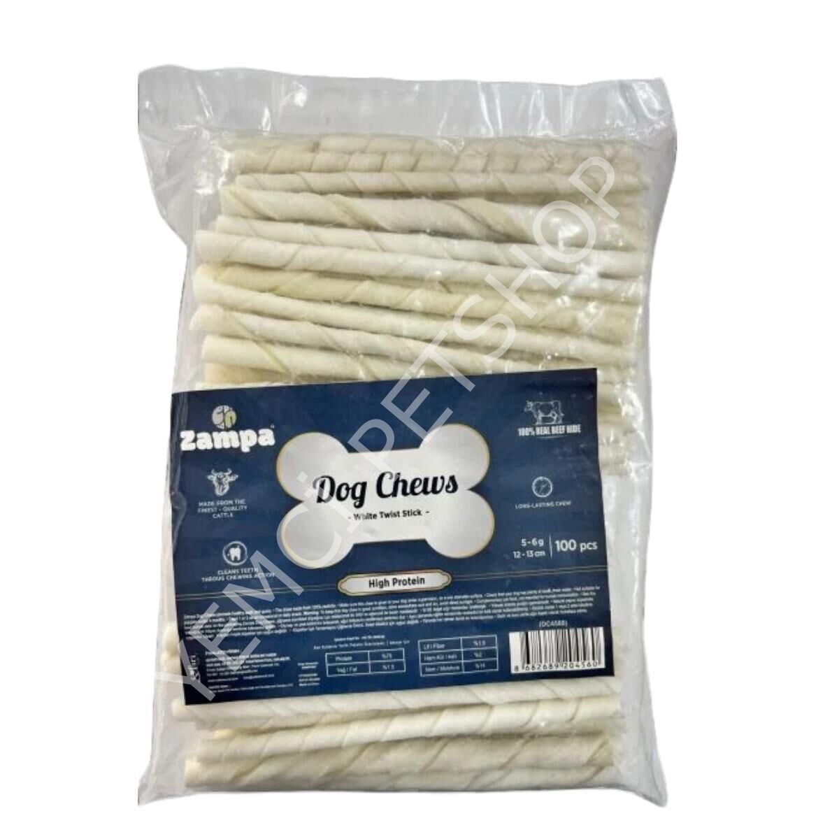 Zampa Beyaz Burgu Çubuk 100 Adet Kemik 5-6gr 12-13CM Yavru Köpek Diş Kaşıma Kemiği Stick Köpek Kemiği