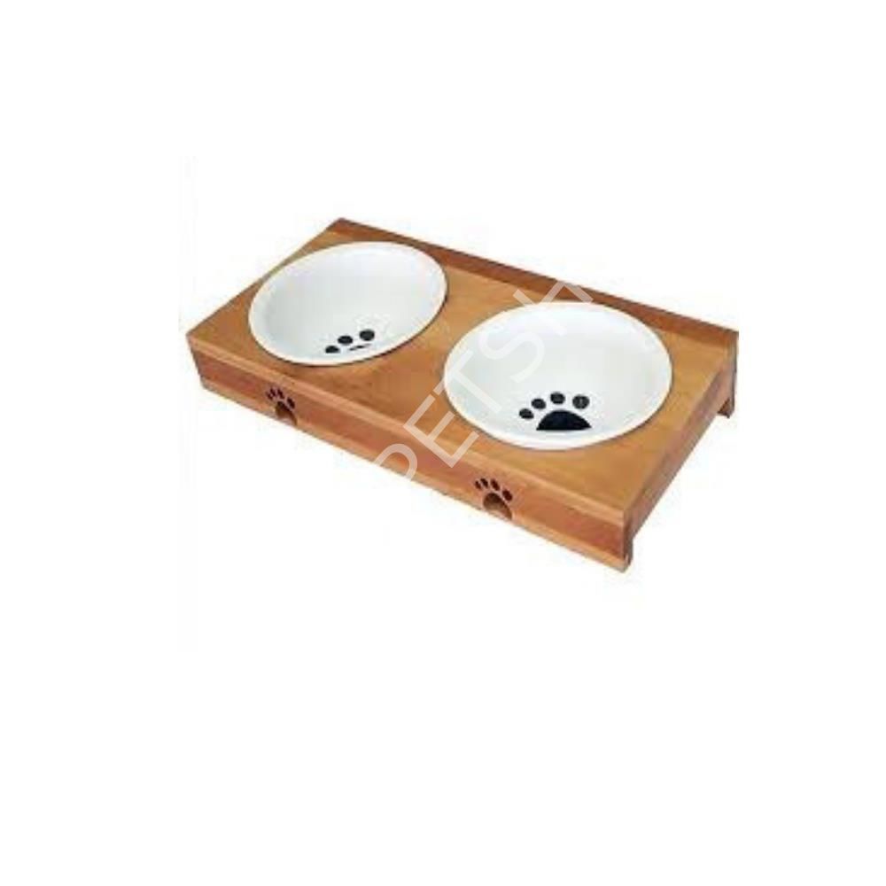 Carno Ahşap Sehpalı Ikili Seramik Mama Kabı - Beyaz