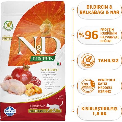 N&D Nd Pumpkin Tahılsız Bıldırcın Etli Bal Kabaklı Ve Narlı Kısırlaştırılmış Kedi Maması 1.5 Kg