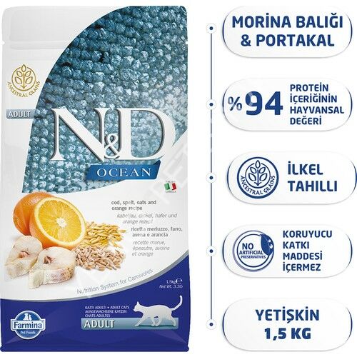 N&D Ocean Düşük Tahıllı Morina Balıklı ve Portakallı 1.5 kg Yetişkin Kedi Maması