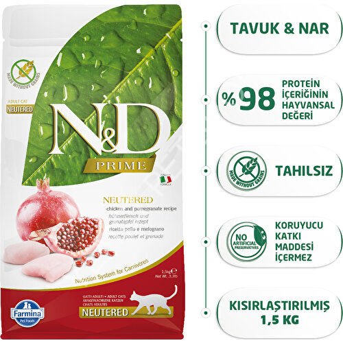 N&D Prime Tahılsız Tavuklu ve Narlı Kısırlaştırılmış 1.5 kg Yetişkin Kedi Maması