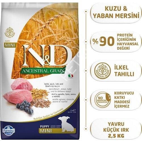 N&D Ancestral Grain Düşük Tahıllı Kuzu Etli ve Yaban Mersinli 2.5 kg Küçük Irk Yavru Köpek Maması