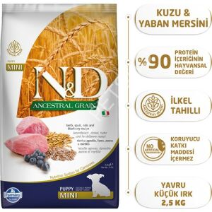 N&D Ancestral Grain Düşük Tahıllı Kuzu Etli ve Yaban Mersinli 2.5 kg Küçük Irk Yavru Köpek Maması